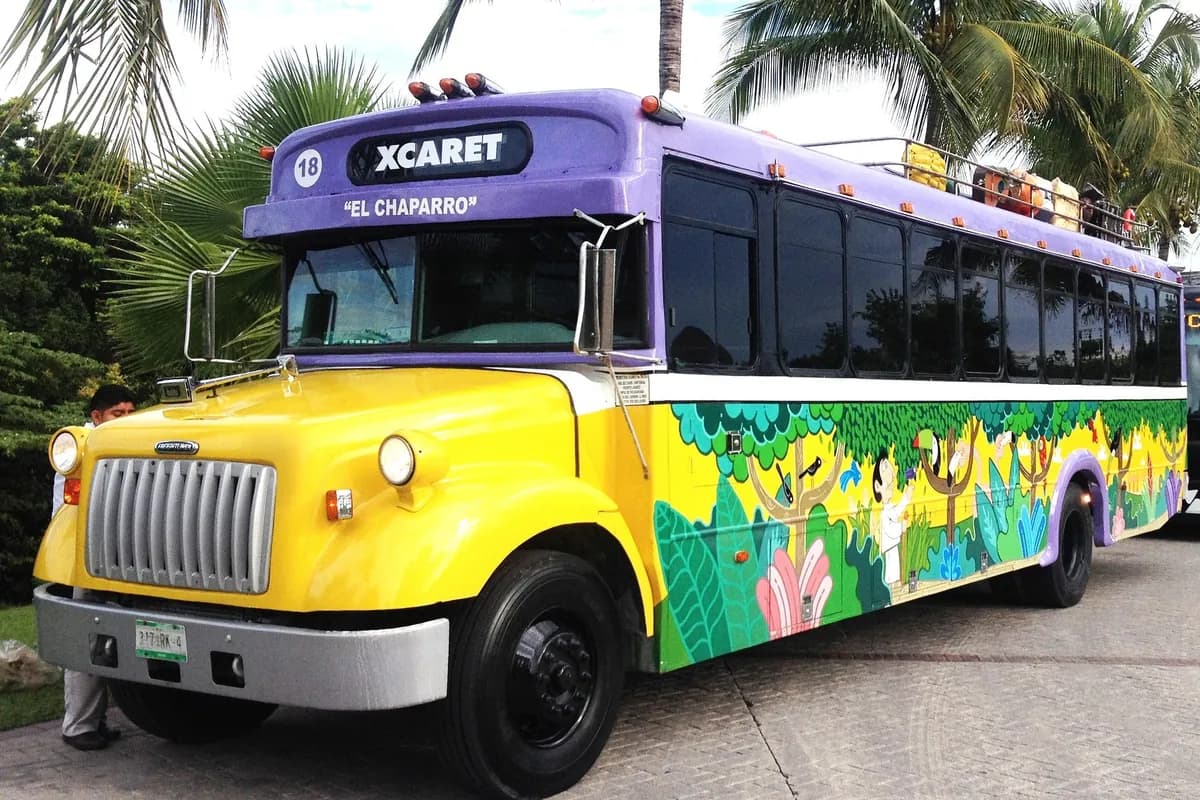 A purple and yellow Xcaret tour bus covered in jungle illustrations